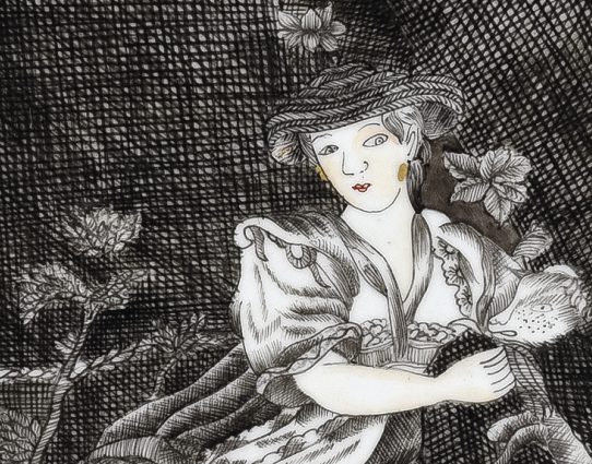 圖為清乾隆墨彩描金西方女性圖碟細(xì)節(jié)圖，碟心以墨彩繪西洋女性圖，這種碟是典型來(lái)樣加工出口瓷器，圖樣由外商提供并在中國(guó)燒制完工，然后再進(jìn)行外銷(xiāo)。此碟圖案為歐洲第一名瓷德國(guó)梅森瓷器早期圖案。（來(lái)源：廣州十三行博物館）